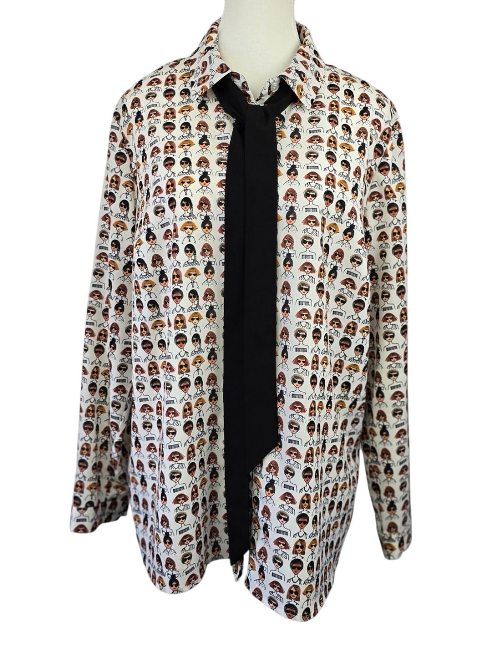 Eloquii White Printed Button Down Shirt Black Neck Tie Size 14 Office Blouse